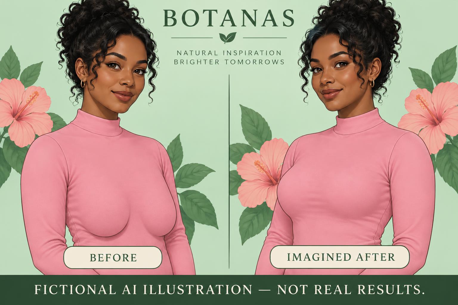 Botanas: fictional before and imagined after. An elongated, low-hanging bust silhouette to a lifted, upright and plump-looking contour—not a small-to-large size change. Not real results.