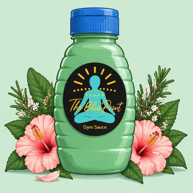 Gym Sauce · BluPrint 8 oz — cartoon recreation of the website artwork.