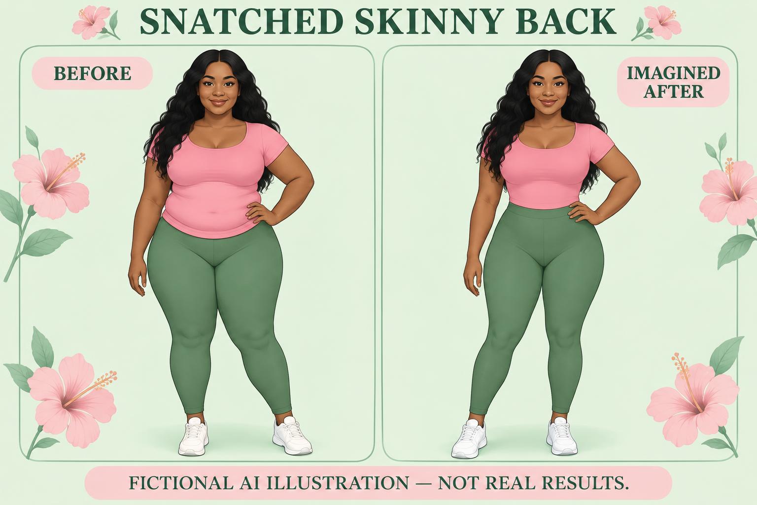 Snatched Skinny Back: fictional before and imagined after. A fuller, bloated-looking silhouette to a slimmer outline. Not real results.