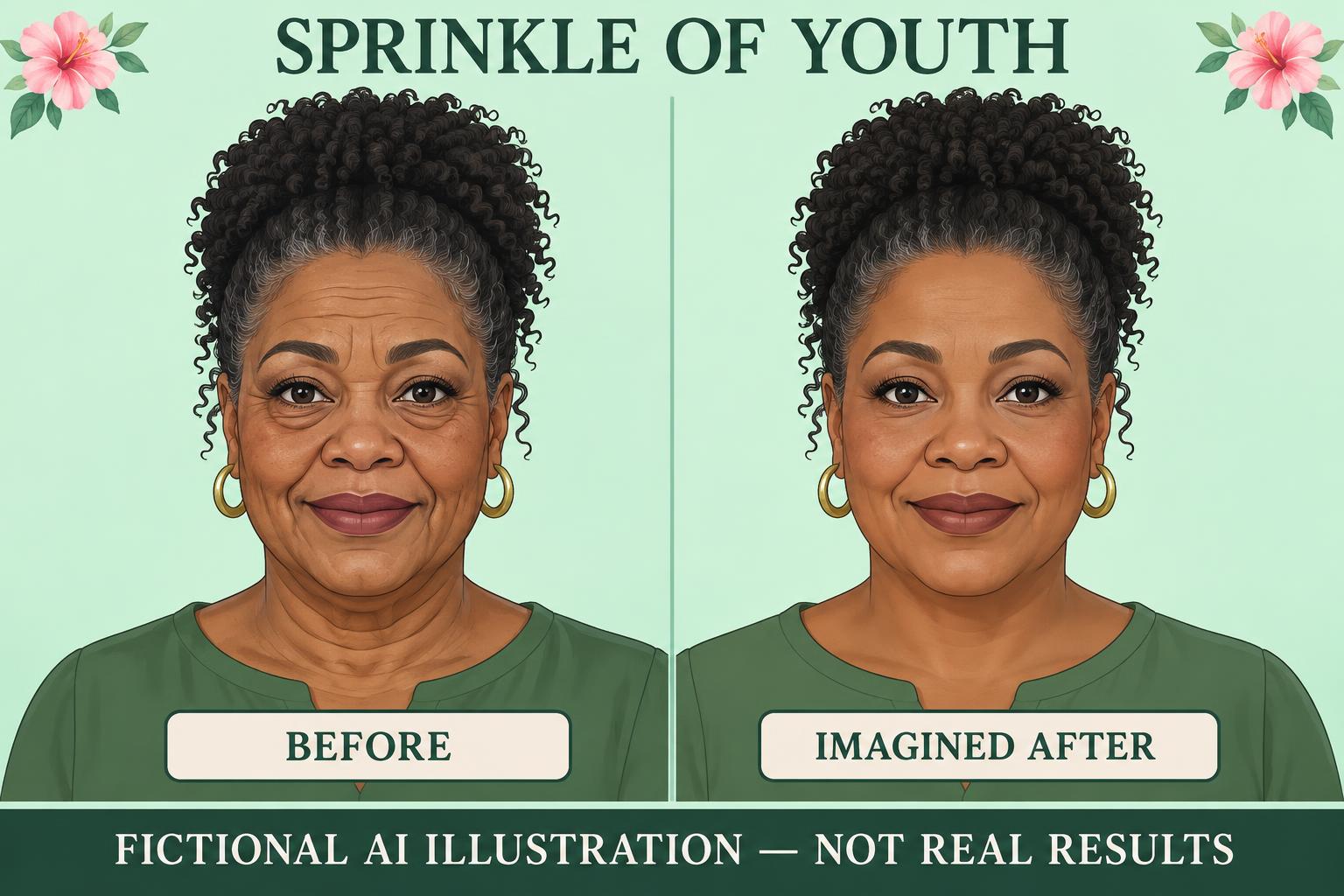 Sprinkle of Youth: fictional before and imagined after. Facial lines, under-eye bags and loose neck skin to a smoother-looking portrait. Not real results.